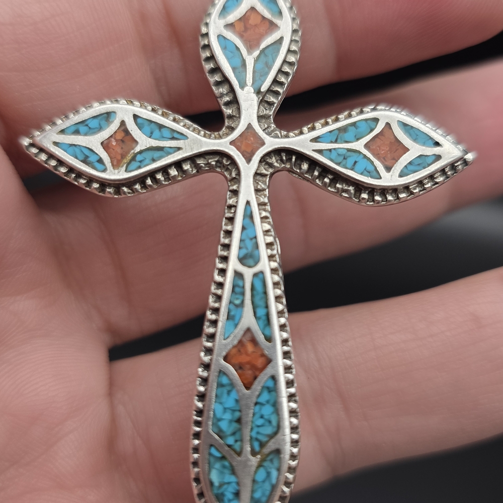 Turquoise and Coral Cross Pendant Sterling Silver 925 Native